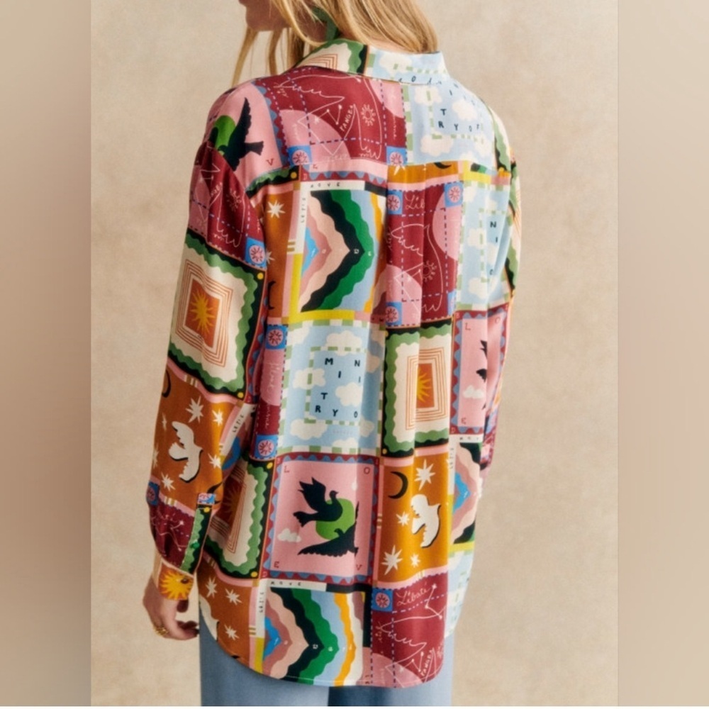 SÉZANE X PANGEA MAX SHIRT 100% Silk Button Down Long Sleeve Patchwork Multicolor - Picture 13 of 13